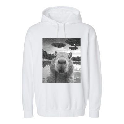 Funny Graphic Capybara Selfie With Ufos Weird Garment-Dyed Fleece Hoodie