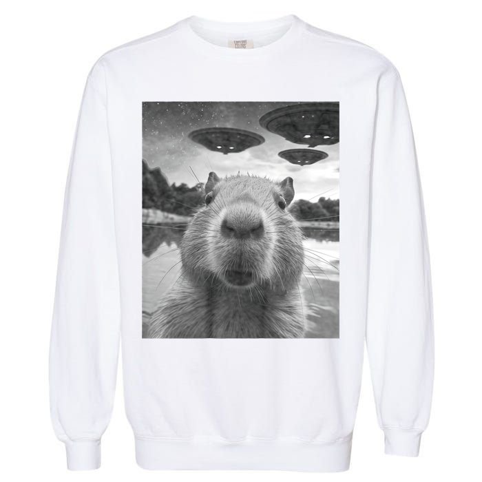 Funny Graphic Capybara Selfie With Ufos Weird Garment-Dyed Sweatshirt
