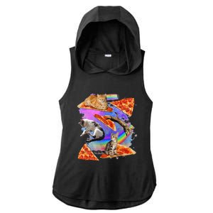 Funny Galaxy Cat In Space Cat Riding Pizza Gift Ladies PosiCharge Tri-Blend Wicking Draft Hoodie Tank