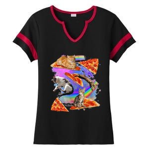 Funny Galaxy Cat In Space Cat Riding Pizza Gift Ladies Halftime Notch Neck Tee