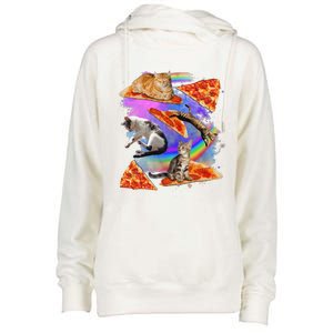 Funny Galaxy Cat In Space Cat Riding Pizza Gift Womens Funnel Neck Pullover Hood