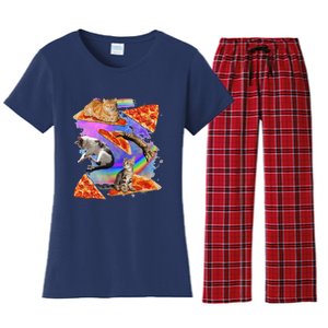 Funny Galaxy Cat In Space Cat Riding Pizza Gift Women's Flannel Pajama Set