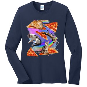 Funny Galaxy Cat In Space Cat Riding Pizza Gift Ladies Long Sleeve Shirt