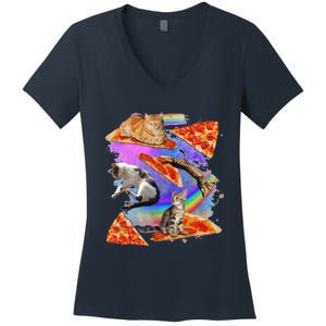 Funny Galaxy Cat In Space Cat Riding Pizza Gift Women's V-Neck T-Shirt