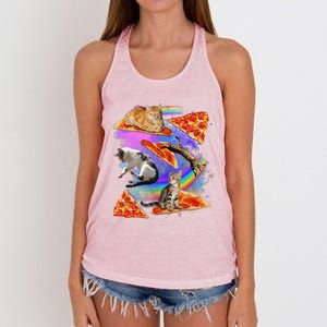 Funny Galaxy Cat In Space Cat Riding Pizza Gift Women's Knotted Racerback Tank