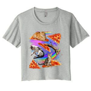 Funny Galaxy Cat In Space Cat Riding Pizza Gift Women's Crop Top Tee