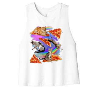 Funny Galaxy Cat In Space Cat Riding Pizza Gift Women's Racerback Cropped Tank