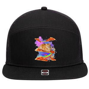 Funny Galaxy Cat In Space Cat Riding Pizza 7 Panel Mesh Trucker Snapback Hat