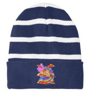 Funny Galaxy Cat In Space Cat Riding Pizza Striped Beanie with Solid Band