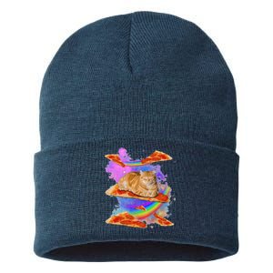 Funny Galaxy Cat In Space Cat Riding Pizza Sustainable Knit Beanie