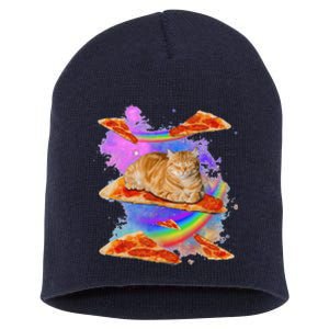 Funny Galaxy Cat In Space Cat Riding Pizza Short Acrylic Beanie