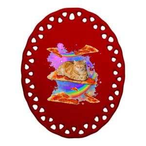 Funny Galaxy Cat In Space Cat Riding Pizza Ceramic Oval Ornament