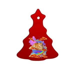 Funny Galaxy Cat In Space Cat Riding Pizza Ceramic Tree Ornament