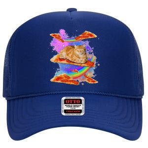 Funny Galaxy Cat In Space Cat Riding Pizza High Crown Mesh Back Trucker Hat