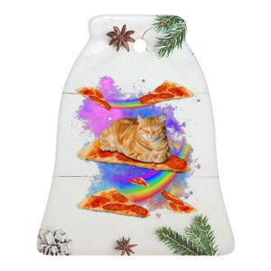 Funny Galaxy Cat In Space Cat Riding Pizza Ceramic Bell Ornament