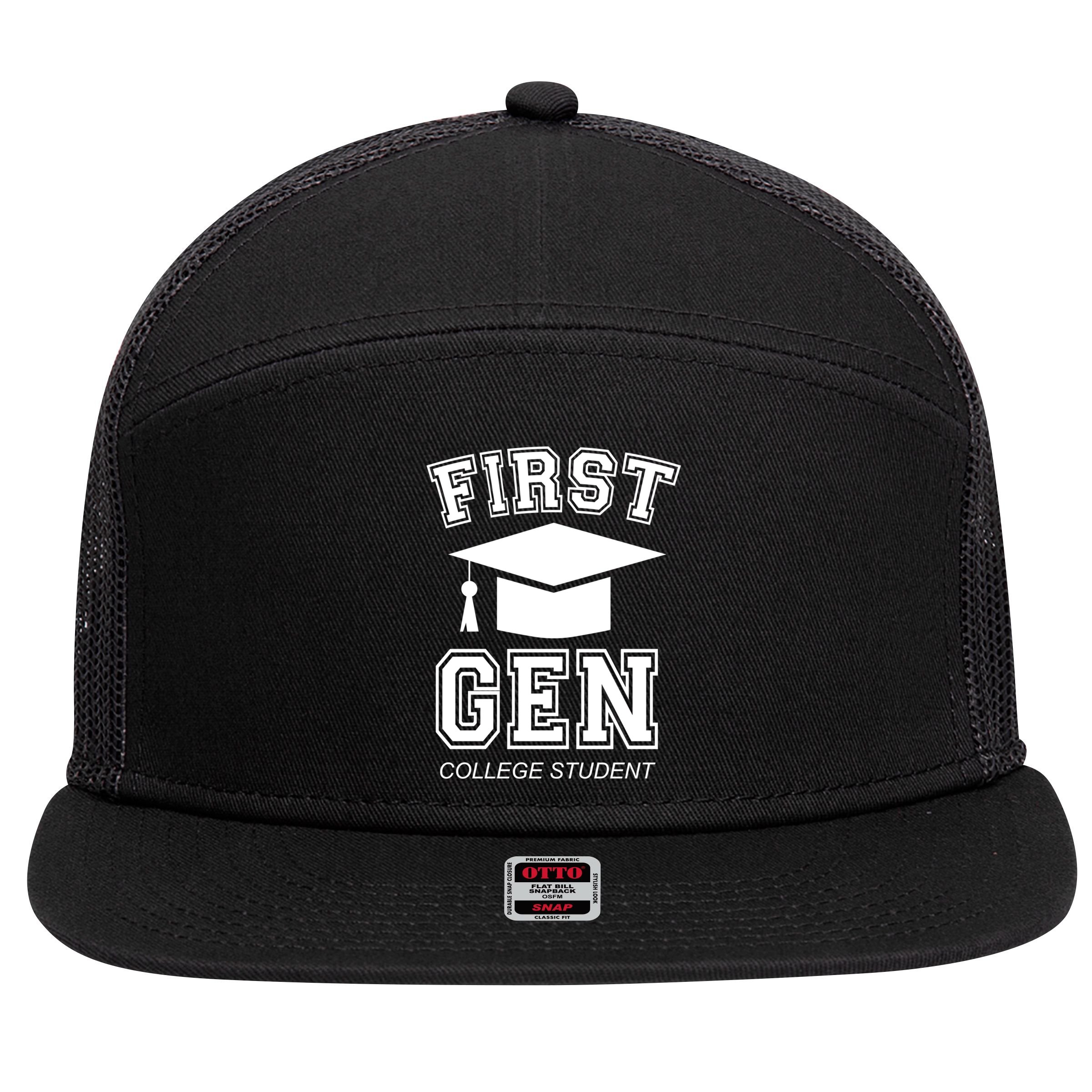 First Generation College Student Grad University Graduate Gift 7 Panel Mesh Trucker Snapback Hat