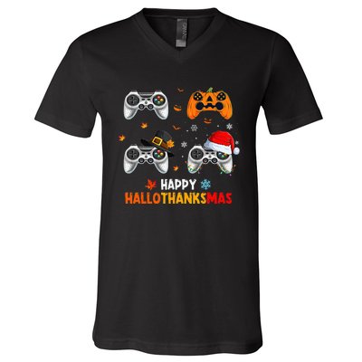 Festive Gaming Celebration Hallothanksmas Fun V-Neck T-Shirt