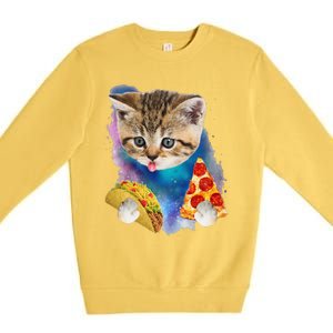 Funny Galaxy Cat Space Cat Eat Pizza And Taco Gift Premium Crewneck Sweatshirt