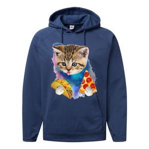 Funny Galaxy Cat Space Cat Eat Pizza And Taco Gift Performance Fleece Hoodie