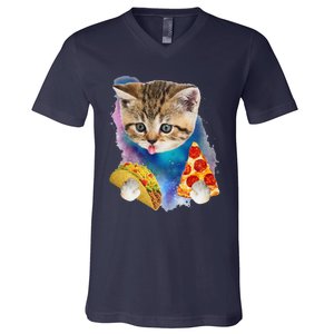 Funny Galaxy Cat Space Cat Eat Pizza And Taco Gift V-Neck T-Shirt