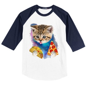 Funny Galaxy Cat Space Cat Eat Pizza And Taco Gift Baseball Sleeve Shirt