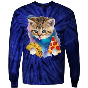 Funny Galaxy Cat Space Cat Eat Pizza And Taco Gift Tie-Dye Long Sleeve Shirt