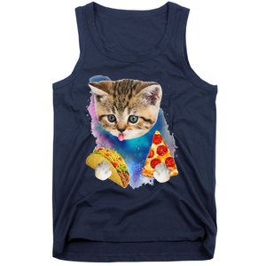 Funny Galaxy Cat Space Cat Eat Pizza And Taco Gift Tank Top