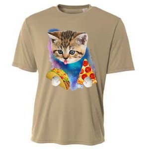 Funny Galaxy Cat Space Cat Eat Pizza And Taco Gift Cooling Performance Crew T-Shirt