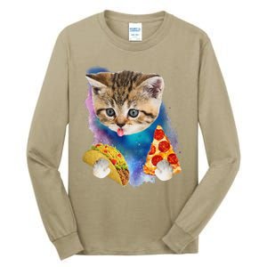 Funny Galaxy Cat Space Cat Eat Pizza And Taco Gift Tall Long Sleeve T-Shirt