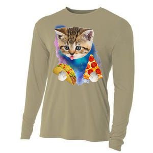 Funny Galaxy Cat Space Cat Eat Pizza And Taco Gift Cooling Performance Long Sleeve Crew