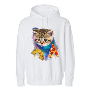 Funny Galaxy Cat Space Cat Eat Pizza And Taco Gift Garment-Dyed Fleece Hoodie