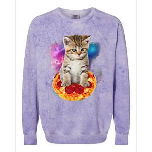 Funny Galaxy Cat Space Cat Eat Pizza And Taco Colorblast Crewneck Sweatshirt