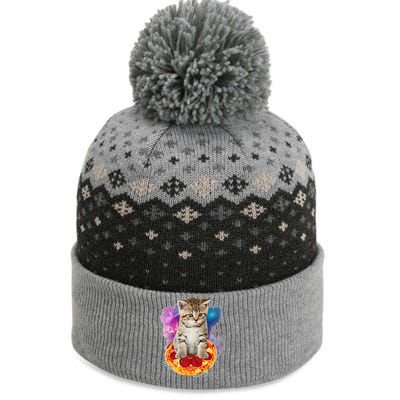 Funny Galaxy Cat Space Cat Eat Pizza And Taco The Baniff Cuffed Pom Beanie