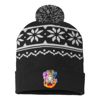 Funny Galaxy Cat Space Cat Eat Pizza And Taco USA-Made Snowflake Beanie