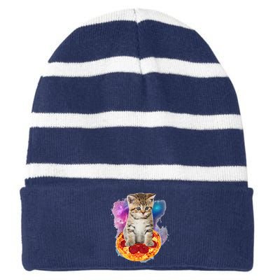 Funny Galaxy Cat Space Cat Eat Pizza And Taco Striped Beanie with Solid Band