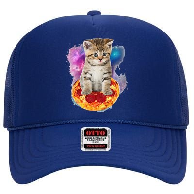 Funny Galaxy Cat Space Cat Eat Pizza And Taco High Crown Mesh Back Trucker Hat