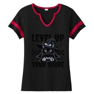 Funny Gamer Cat For Video Game Lovers Halloween Gaming Ladies Halftime Notch Neck Tee