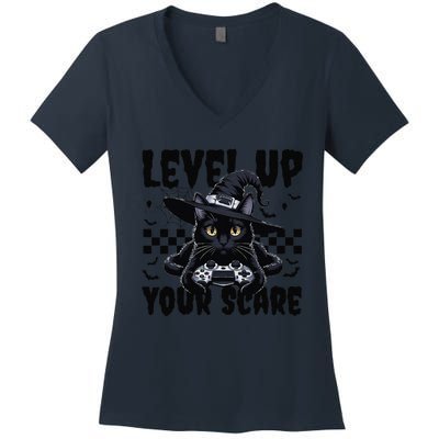 Funny Gamer Cat For Video Game Lovers Halloween Gaming Women's V-Neck T-Shirt