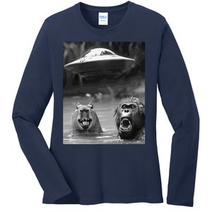 Funny Graphic Capybara Bigfoot Sasquatch Alien Ufo Ladies Long Sleeve Shirt