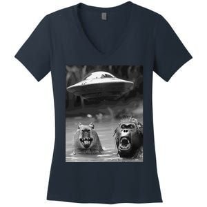 Funny Graphic Capybara Bigfoot Sasquatch Alien Ufo Women's V-Neck T-Shirt