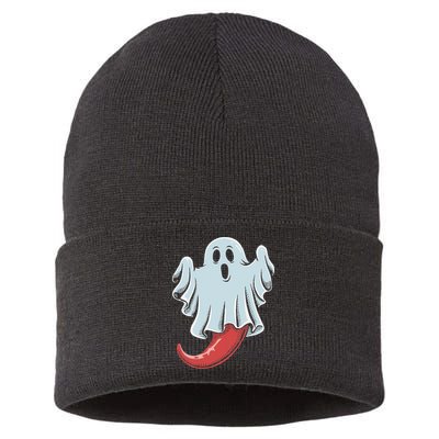Funny Ghost Chili Pepper Lovers Spooky Halloween Sustainable Knit Beanie