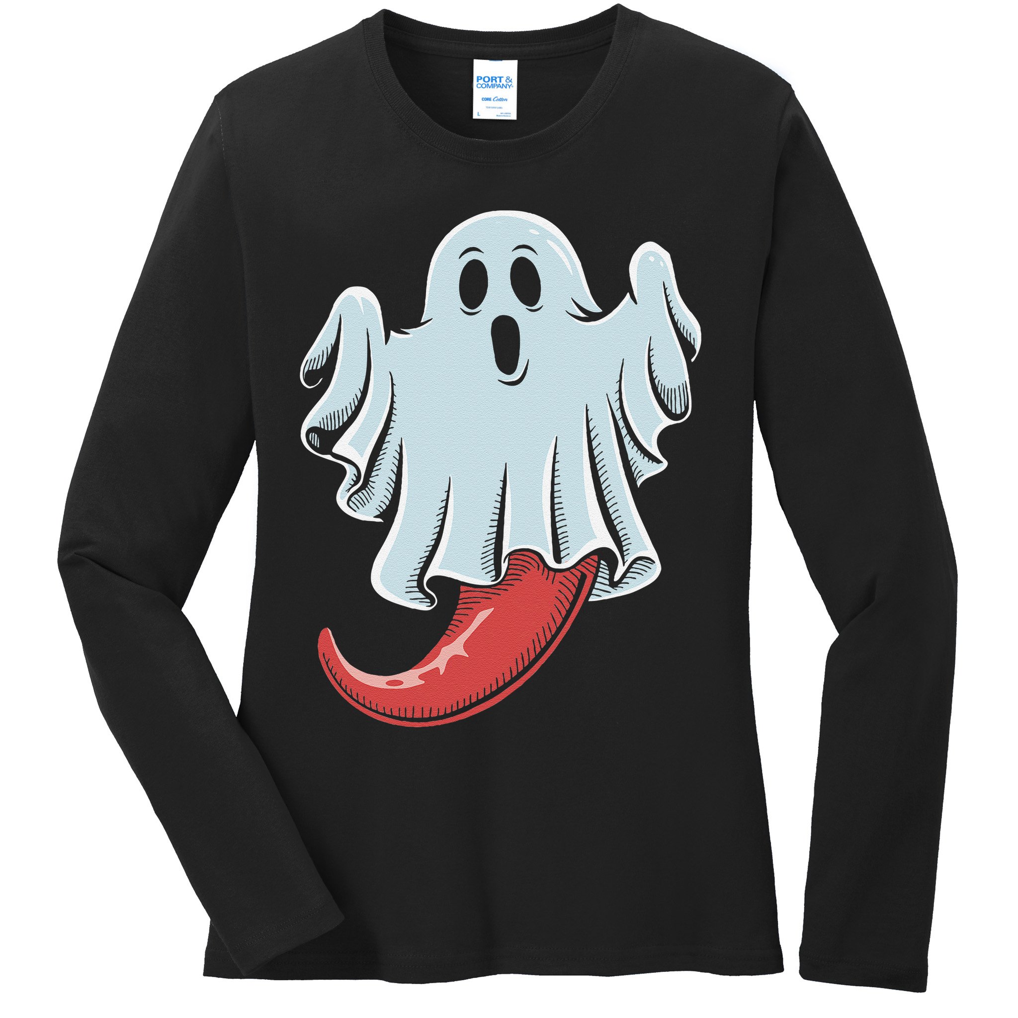 Funny Ghost Chili Pepper Lovers Spooky Halloween Ladies Long Sleeve Shirt
