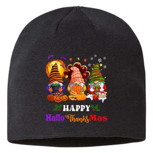 Festive Gnomes Celebrating Halloween and Christmas Sustainable Beanie