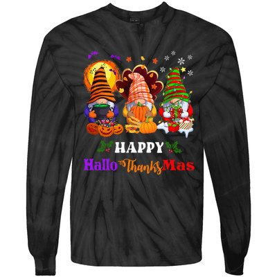 Festive Gnomes Celebrating Halloween and Christmas Tie-Dye Long Sleeve Shirt