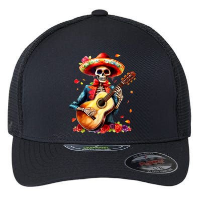 Floral Guitar Dia De Los Muertos Cute Mariachi Day Of Dead Flexfit Unipanel Trucker Cap