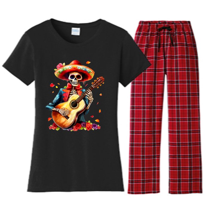 Floral Guitar Dia De Los Muertos Cute Mariachi Day Of Dead Women's Flannel Pajama Set