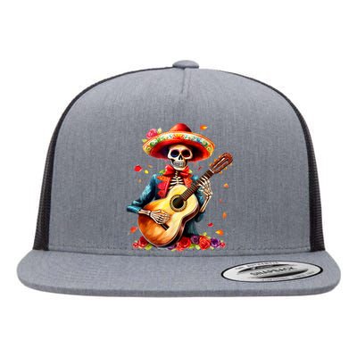 Floral Guitar Dia De Los Muertos Cute Mariachi Day Of Dead Flat Bill Trucker Hat