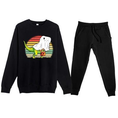 Funny Ghost Dinosaur Halloween Graphic Premium Crewneck Sweatsuit Set