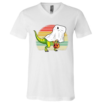 Funny Ghost Dinosaur Halloween Graphic V-Neck T-Shirt