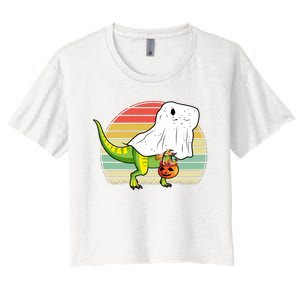 Funny Ghost Dinosaur Halloween Graphic Women's Crop Top Tee